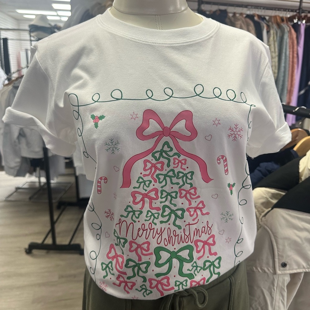 White Pink Christmas Tree Graphic Bow Coquette T-Shirt